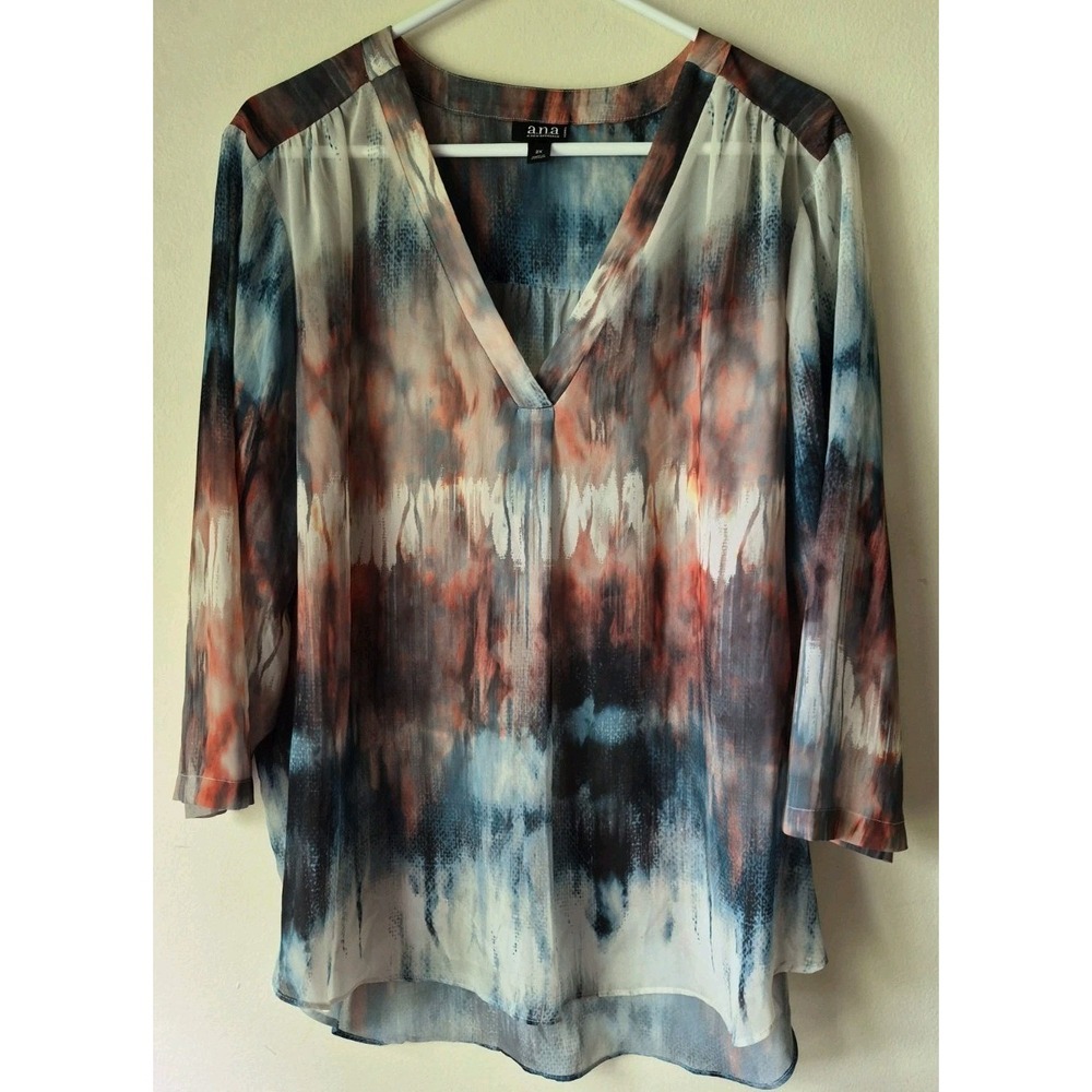 a.n.a. Women's Sheer Watercolor Long Sleeve Blouse Blue/Orange Size 2X *See Pics